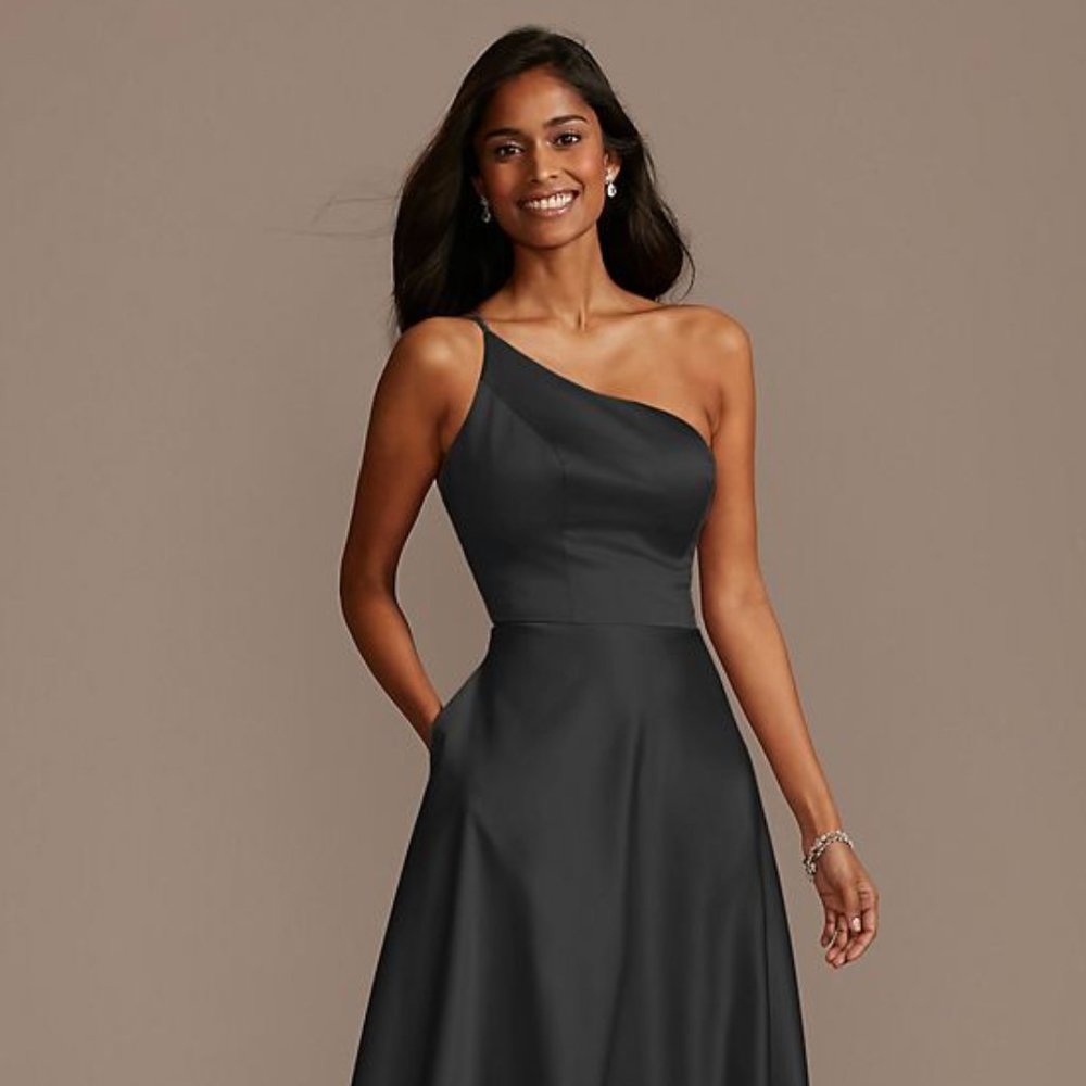 David's Bridal One Shoulder Sating A Line Bridesmaid Dress (Style F20135)